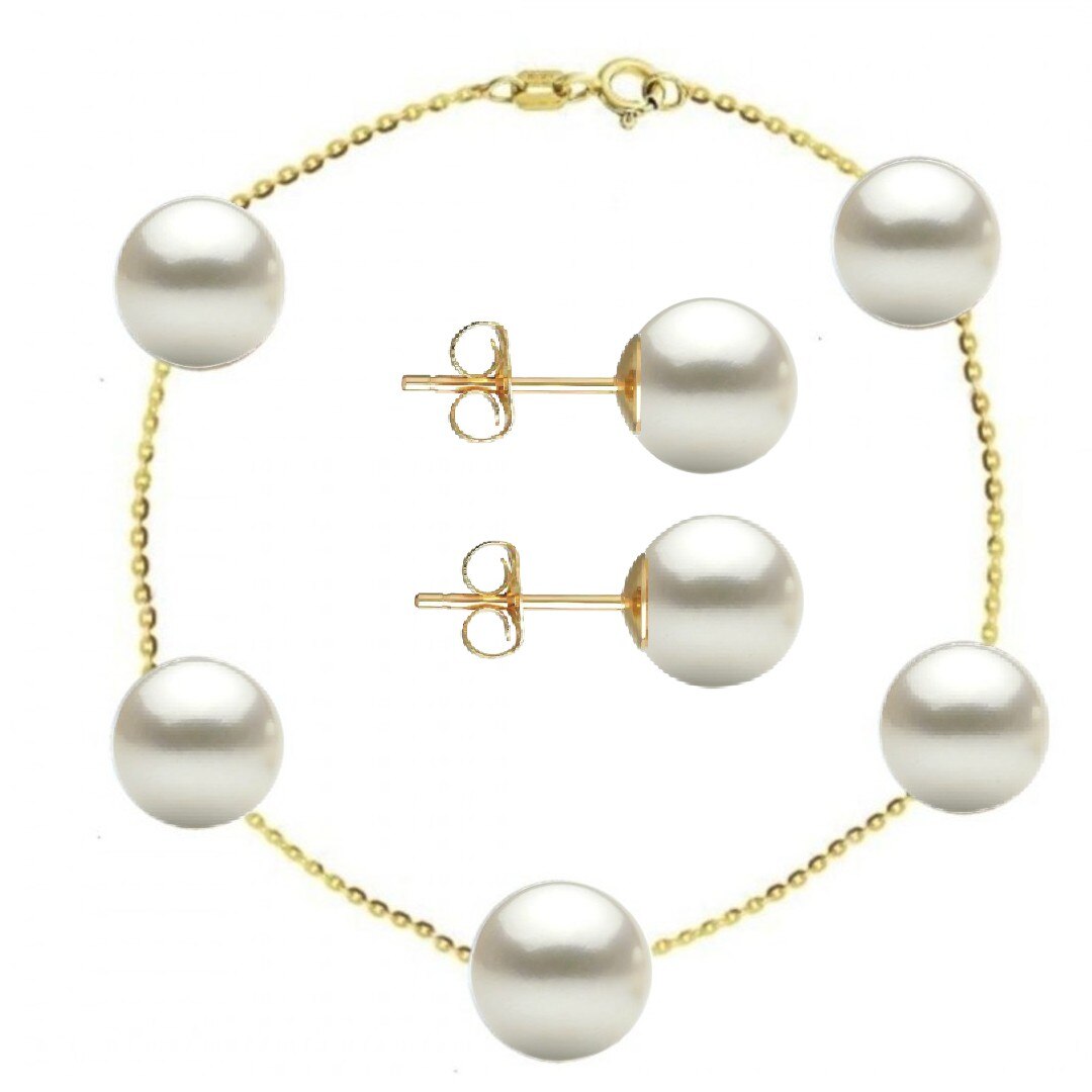 Set Office Bratara si Cercei Aur 14 k si Perle Naturale Premium de 8 mm